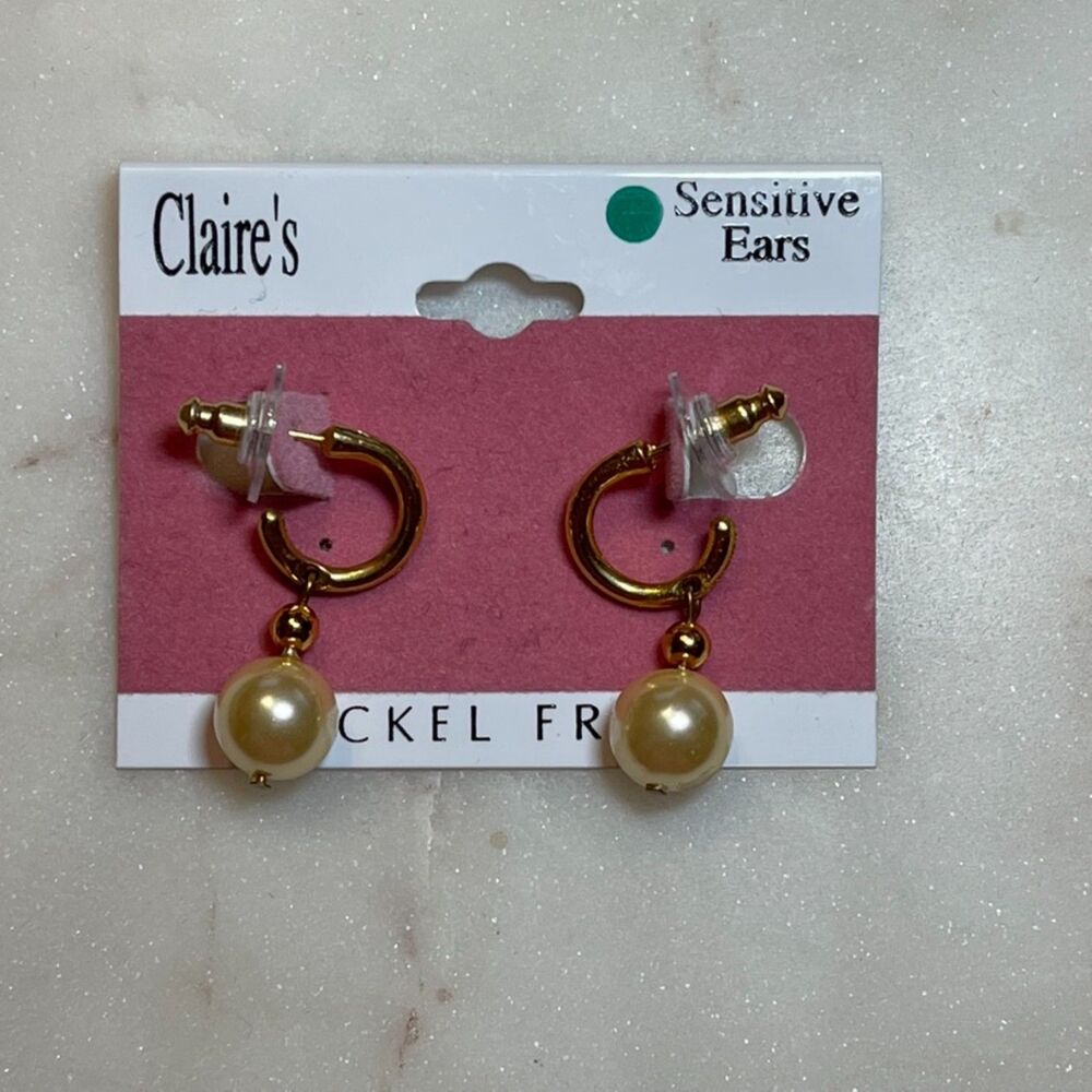 Claire's Vintage Gold-Tone Hoops with Pearl Earrings | Nickel Free